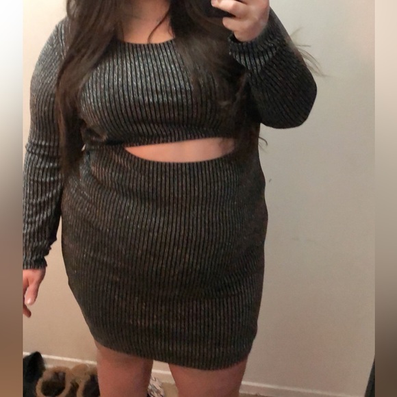 Long Sleeve, Glittery Plus Size Dress with Cutout - Picture 2 of 2